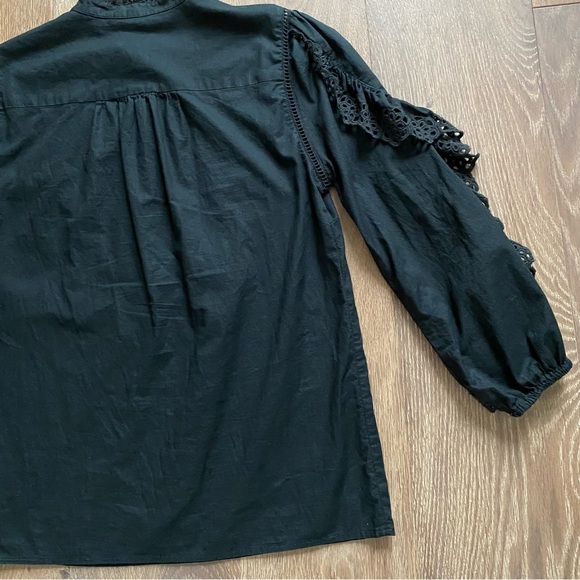 J. Crew Ruffle Sleeve Top Blouse Embroidered Eyelet Black Button Down - Picture 10 of 15